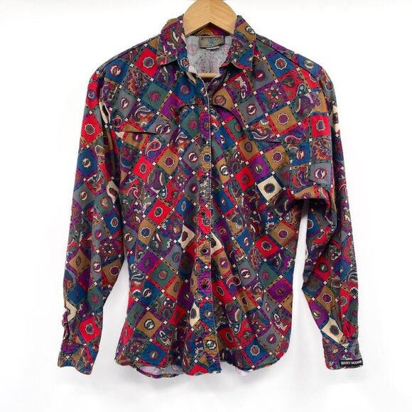 Vintage 1980s Western Southwestern Aztec Print Pattern Button Up Shirt Top 80s - Picture 1 of 8